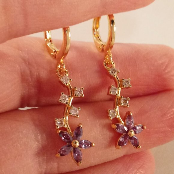 18K Yellow Gold Filled Flower Leaf Diamond Zircon Dangle Earrings Party Gift - Picture 2 of 4